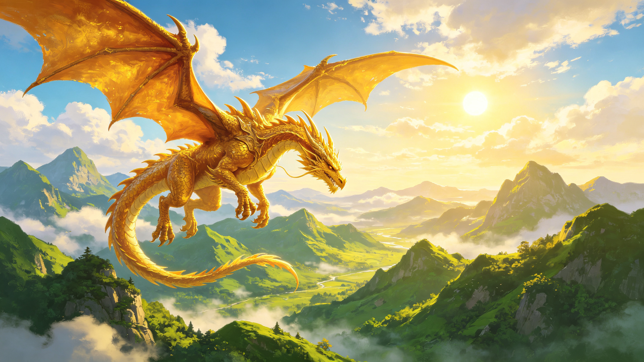 Dragons and Wars game key art — a golden dragon flying over emerald mountain peaks