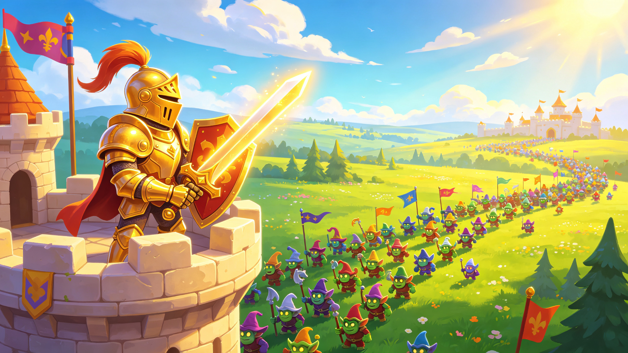 Kings Defender game key art — a knight standing guard on a castle wall