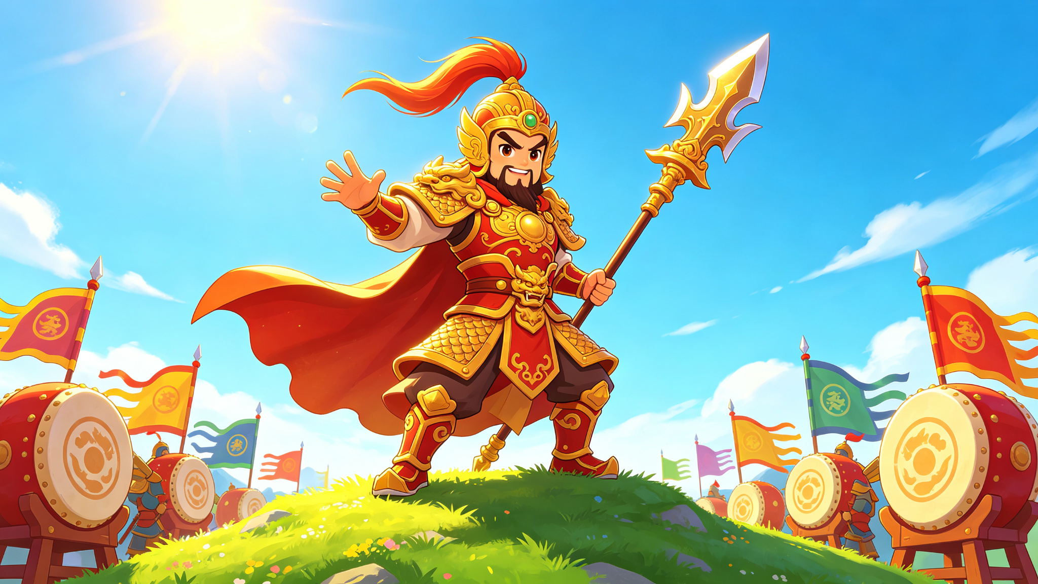 Three Kingdoms Heroes' Legend game key art — a warrior general on a battlefield under a bright sky